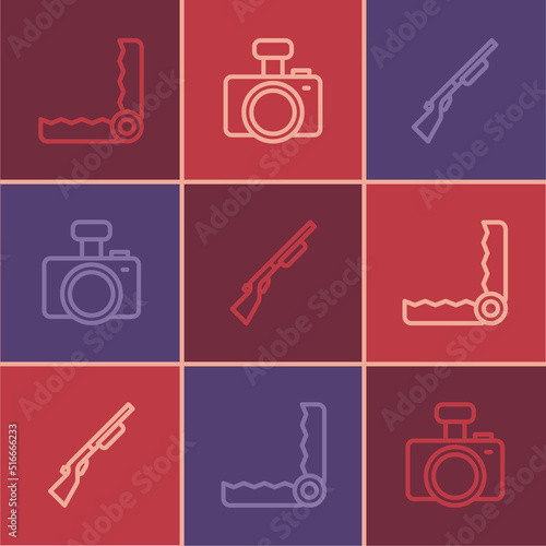 Set line Trap hunting, Hunting gun and Photo camera icon. Vector