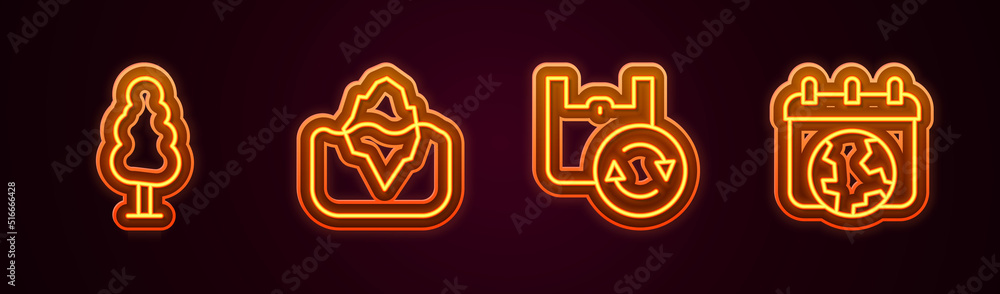 Set line Tree, Iceberg, Shopping bag with recycle and World Earth day. Glowing neon icon. Vector Set line Tree, Iceberg, Shopping bag with recycle and World Earth day. Glowing neon icon. Vector