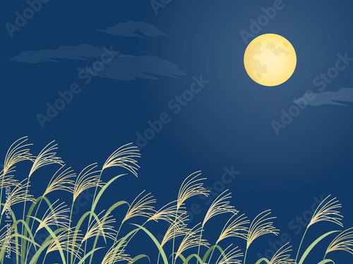 ススキと満月の風景_背景_ベクターイラスト