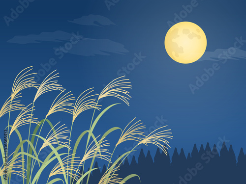ススキと満月の風景_背景_ベクターイラスト