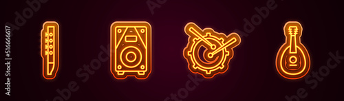 Set line Flute, Stereo speaker, Drum with drum sticks and Mandolin. Glowing neon icon. Vector