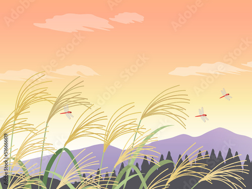 野山のススキと夕焼けの風景_背景_ベクターイラスト