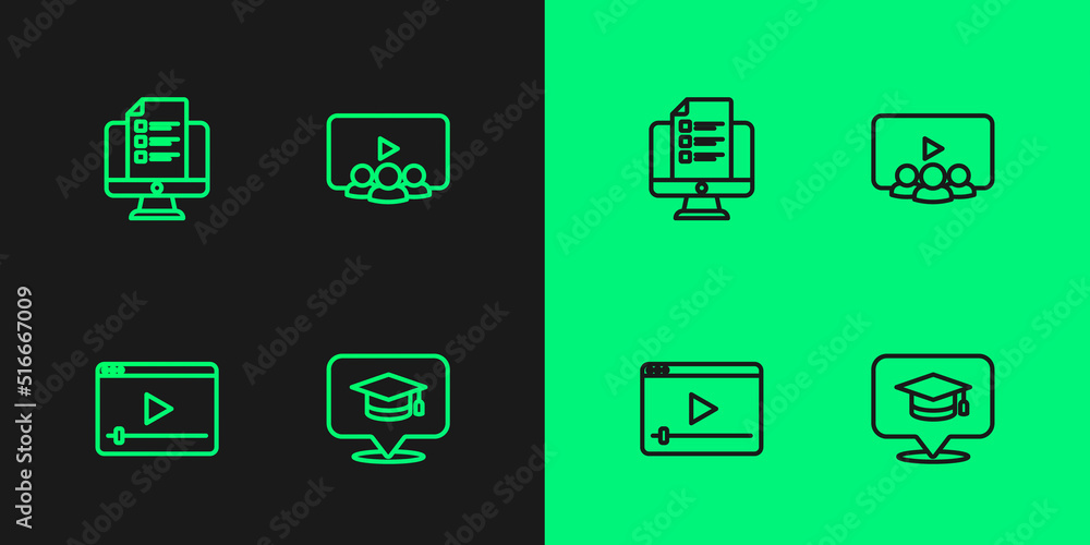 Set line Graduation cap in speech bubble, Online play video, quiz, test, survey and class icon. Vector Set line Graduation cap in speech bubble, Online play video, quiz, test, survey and class icon. Vector