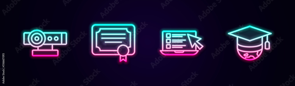 Set line Web camera, Certificate template, Online quiz, test, survey and Graduation cap on globe. Glowing neon icon. Vector Set line Web camera, Certificate template, Online quiz, test, survey and Graduation cap on globe. Glowing neon icon. Vector
