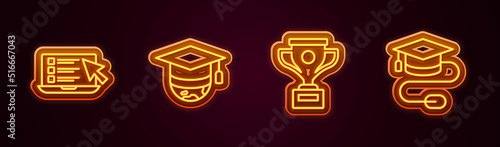 Set line Online quiz, test, survey, Graduation cap on globe, Award cup and with mouse. Glowing neon icon. Vector