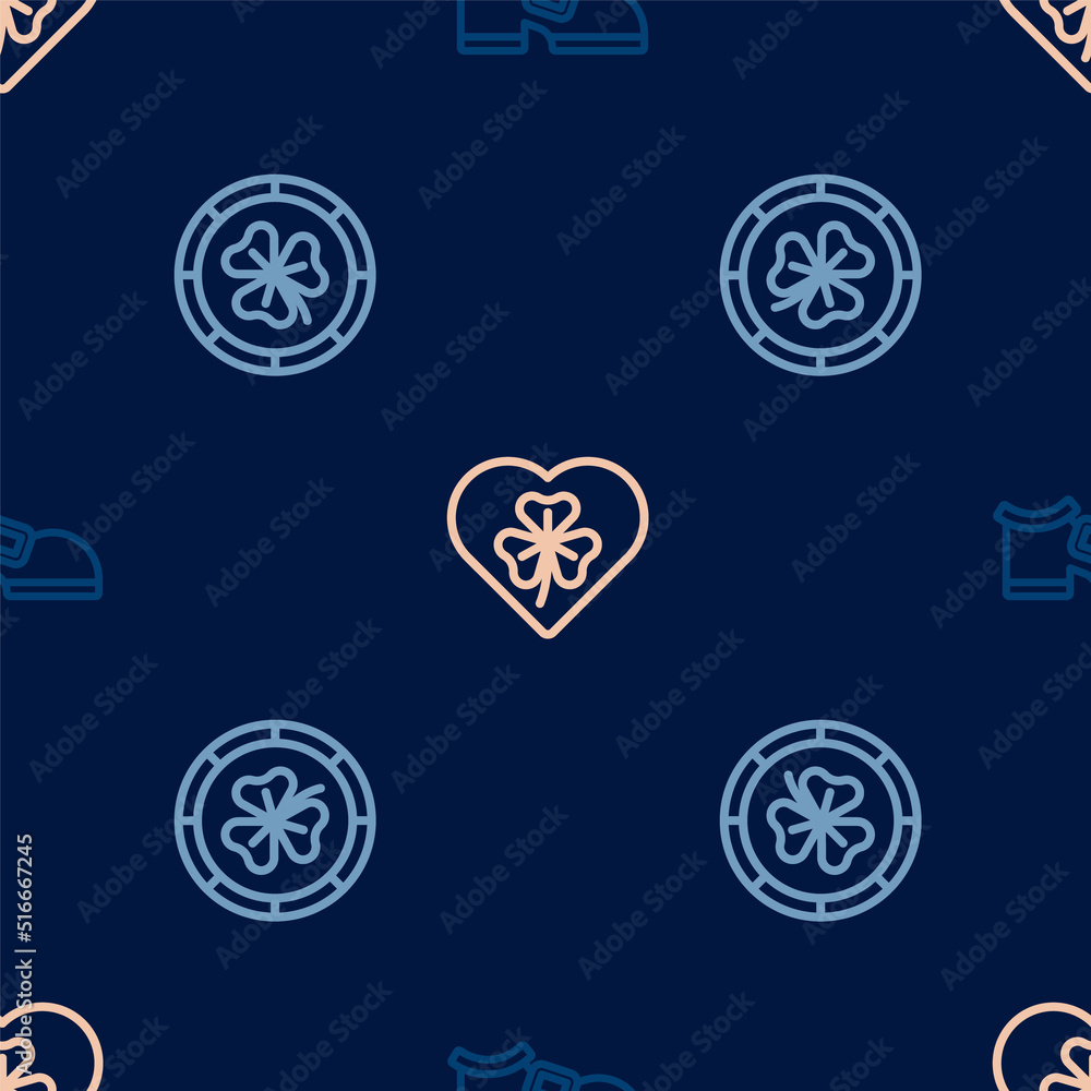 Set line Leprechaun boot, Golden leprechaun coin and Heart with clover trefoil leaf on seamless pattern. Vector Set line Leprechaun boot, Golden leprechaun coin and Heart with clover trefoil leaf on seamless pattern. Vector