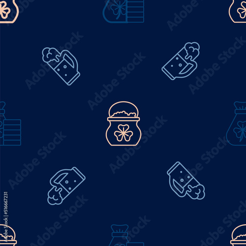 Set line Money bag with clover, Glass of beer and Pot gold coins on seamless pattern. Vector