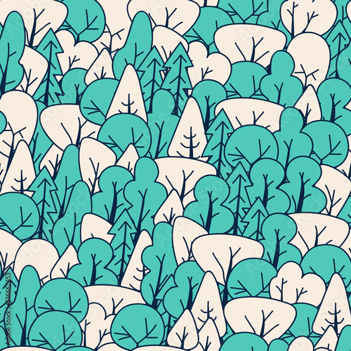 Seamless pattern with winter forest. Stylized colorful trees. Endless texture, backdrop with abstract elements of plants. Print for textile, wallpaper, covers, surface. Retro stylization.