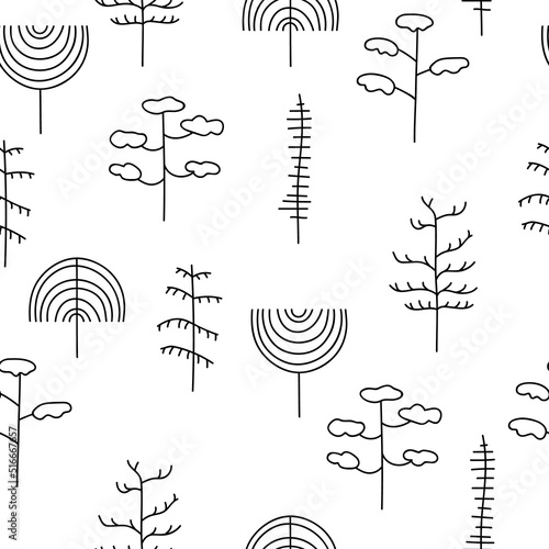 Seamless pattern with winter forest. Stylized trees. Endless texture, backdrop with abstract elements of plants. Print for textile, wallpaper, covers, surface. For fashion fabric.