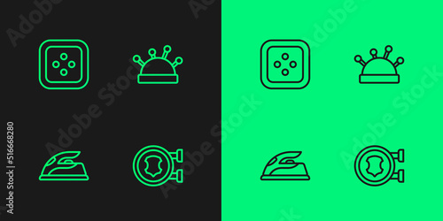 Set line Leather, Electric iron, Sewing button for clothes and Needle bed and needles icon. Vector
