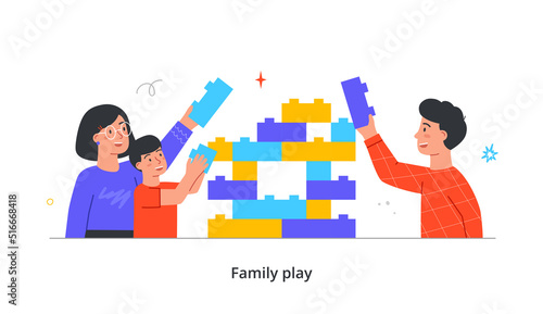 Family home activities concept. Happy parents and child assemble parts of constructor and play. Smiling mother and father spend time with their son. Cartoon flat vector illustration in doodle style