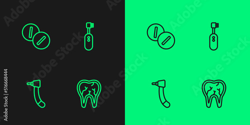 Set line Broken tooth, Tooth drill, Toothache painkiller tablet and Electric toothbrush icon. Vector
