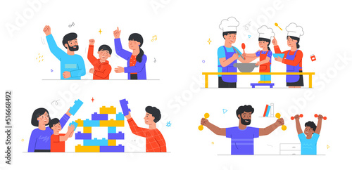 Set of family home activities. Parents and children dance to cheerful music, assemble construction kit, cook delicious food and play sports. Cartoon flat vector collection isolated on white background