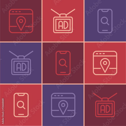 Set line Infographic of city map, Magnifying glass and mobile and Advertising icon. Vector