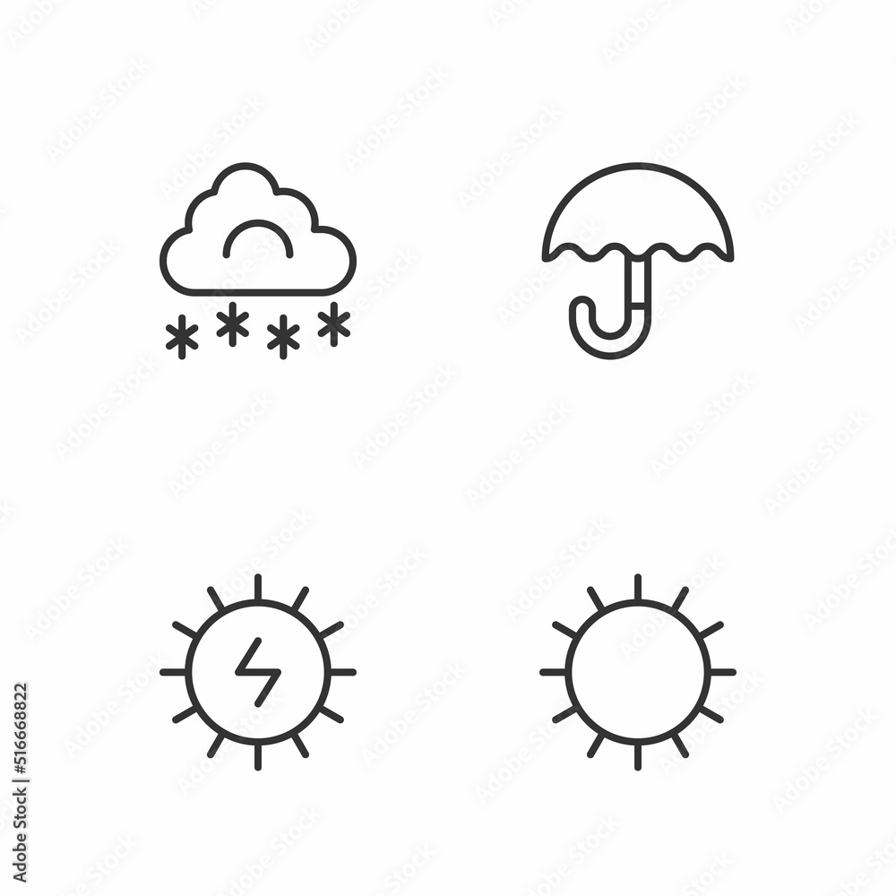 Set line Sun, Solar energy panel, Cloud with snow and Umbrella icon. Vector