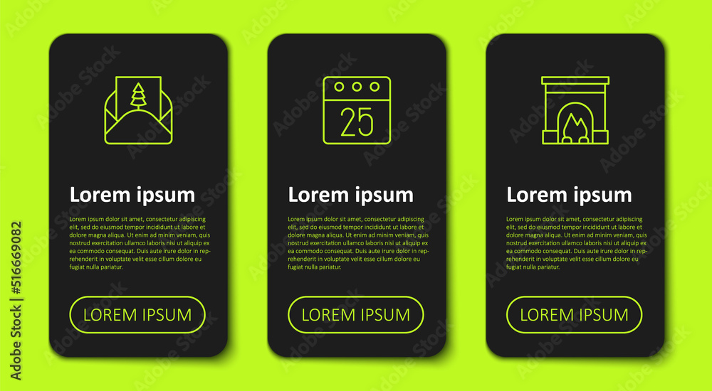 Set line Envelope, Christmas day calendar and Interior fireplace. Business infographic template. Vector