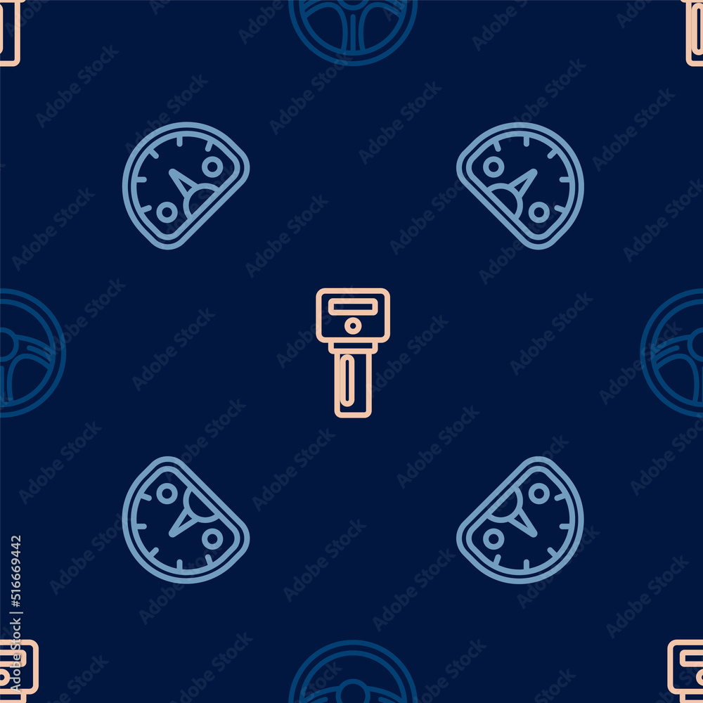 Set line Racing steering wheel, Speedometer and Car key with remote on seamless pattern. Vector Set line Racing steering wheel, Speedometer and Car key with remote on seamless pattern. Vector