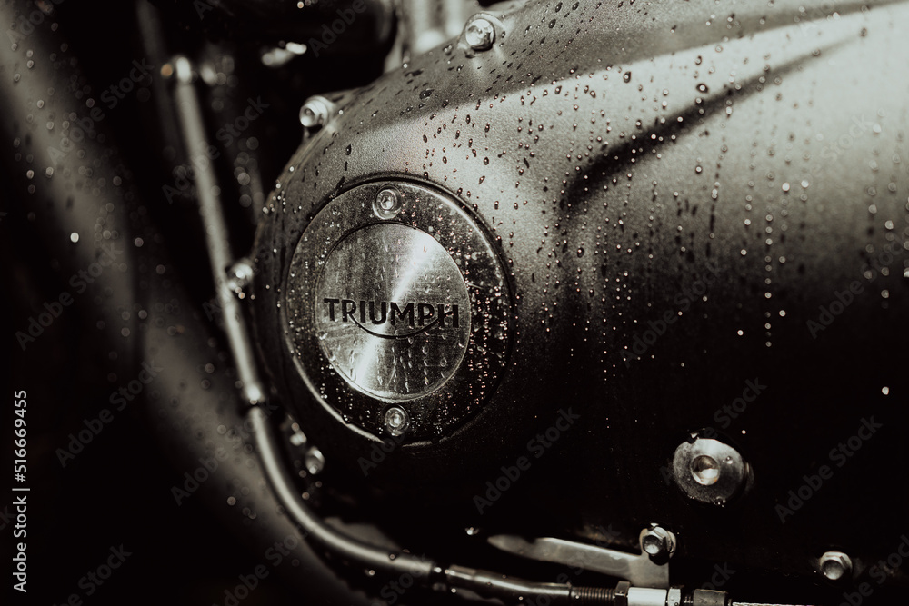 Odessa, Ukraine July 2022. Triumph Bonneville t100 motor plate