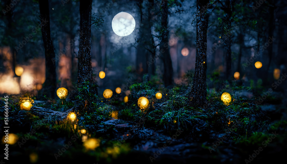 Dark fairytale fantasy forest. Night forest landscape with magical glows. Abstract forest, magic, fantasy, night, lights, neon. 3D illustration. - obrazy, fototapety, plakaty 