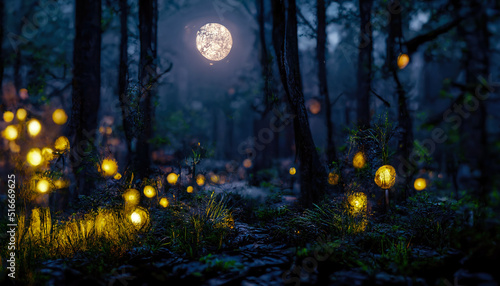 Dark fairytale fantasy forest. Night forest landscape with magical glows. Abstract forest, magic, fantasy, night, lights, neon. 3D illustration.