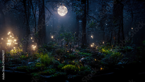 Dark fairytale fantasy forest. Night forest landscape with magical glows. Abstract forest, magic, fantasy, night, lights, neon. 3D illustration. © MiaStendal