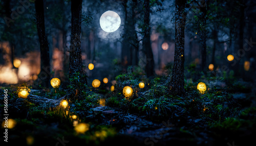 Dark fairytale fantasy forest. Night forest landscape with magical glows. Abstract forest, magic, fantasy, night, lights, neon. 3D illustration. photo