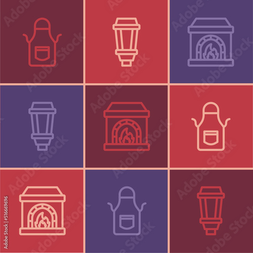 Set line Blacksmith apron  oven and Garden light lamp icon. Vector