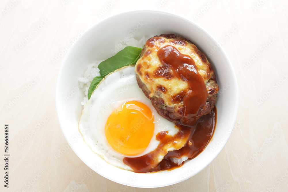 Homemade cheese hamburger patty and sunny side up fried egg with sauce for Hawaiian Locomoco rice image Homemade cheese hamburger patty and sunny side up fried egg with sauce for Hawaiian Locomoco rice image