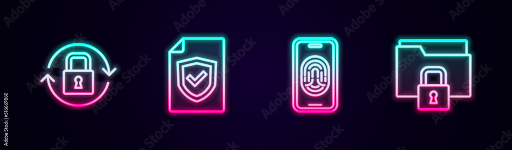 Set line Lock, Contract with shield, Mobile fingerprint scanner and Folder and lock. Glowing neon icon. Vector Set line Lock, Contract with shield, Mobile fingerprint scanner and Folder and lock. Glowing neon icon. Vector