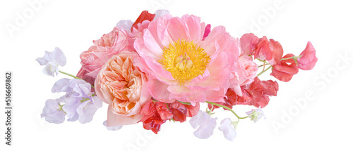 Bouquet of pink peonies and roses closeup isolated on a white background