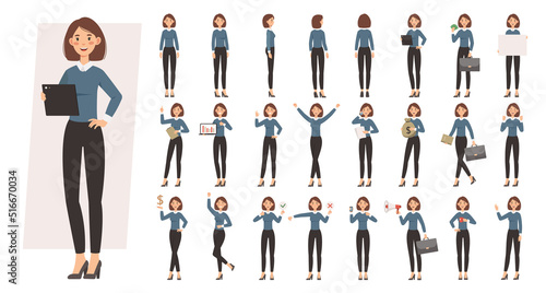 Set of business woman character. Female entrepreneur with various items, laptop, bag and documents. Employee analyzes finances and works. Cartoon flat vector collection isolated on white background
