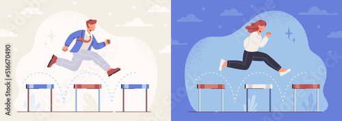 Overcoming business obstacles concept. Young male and female entrepreneurs jump over barriers and difficulties on way to achieving financial success. Problem solving. Cartoon flat vector set photo