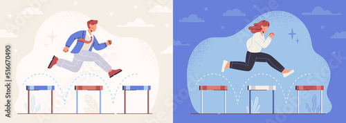 Overcoming business obstacles concept. Young male and female entrepreneurs jump over barriers and difficulties on way to achieving financial success. Problem solving. Cartoon flat vector set