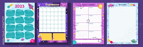 Set of 2023 table calendar week. Calendar posters for children with astronauts, rockets, planets and aliens. Planners for schoolchildren. Cartoon flat vector collection isolated on purple background