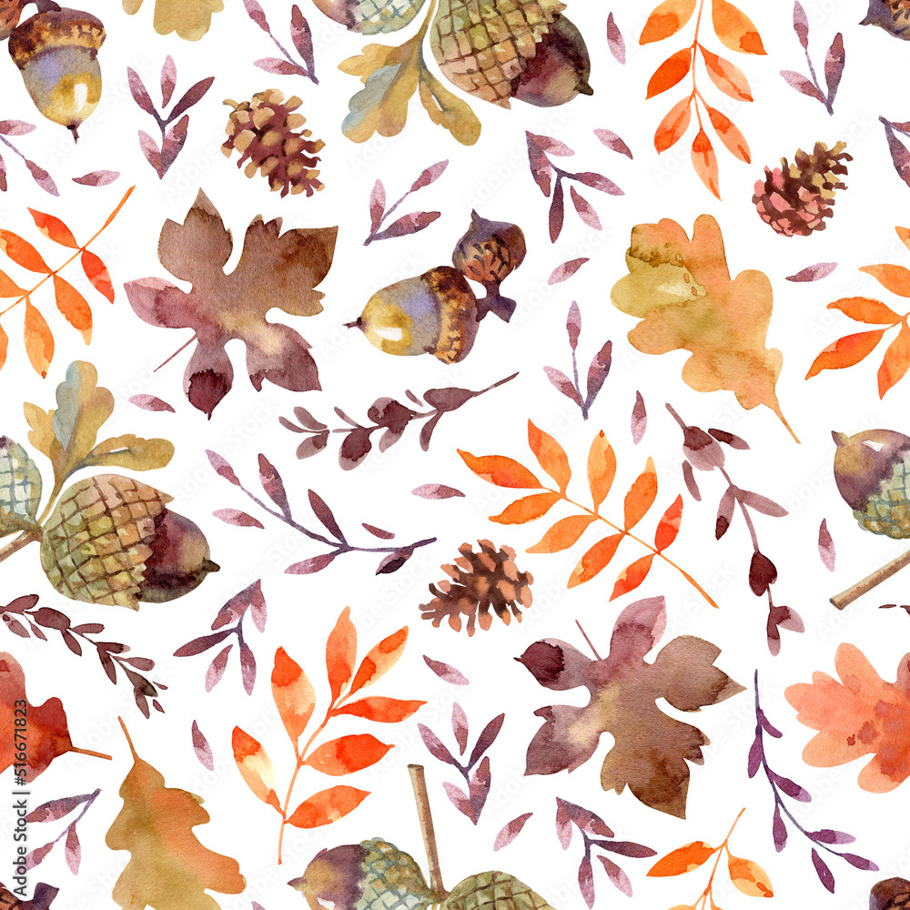 Acorns and fall leaves. Watercolor seamless pattern for wallpaper, fabric, scrapbooking layout