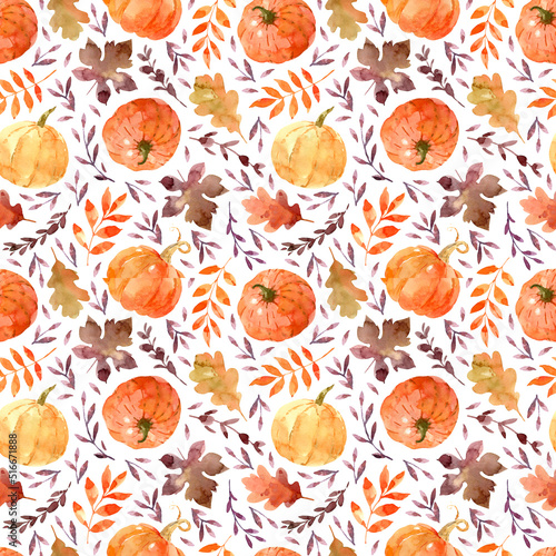 Fall leaves and orange pumpkins. Watercolor seamless pattern