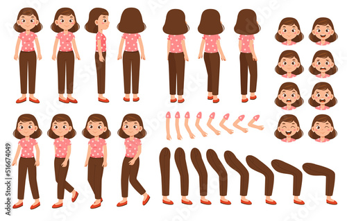 Set for creating animation of mom character. Housewife woman with different emotion, gestures and pose. Arms, legs, face and other elements. Cartoon flat vector collection isolated on white background