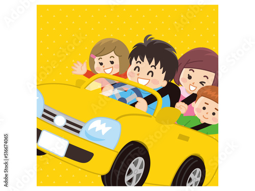 黄色い車で楽しくドライブしている家族
