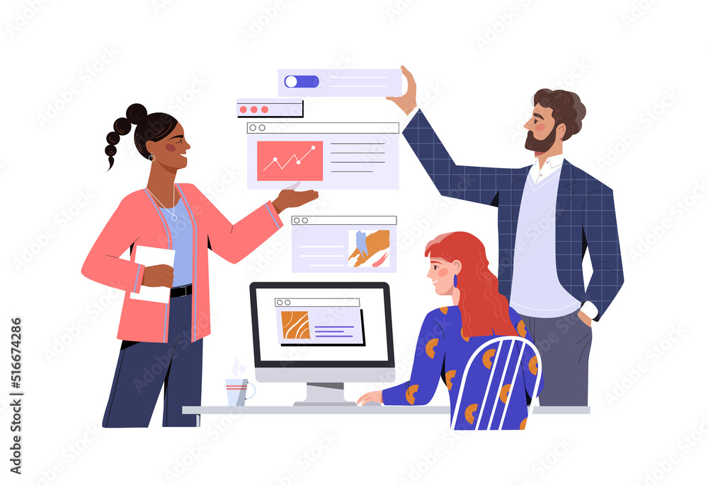 Teamwork and collaboration concept. Young men and women UX and UI designers hold parts of user interface and create application. Brainstorming and generating ideas. Cartoon flat vector illustration