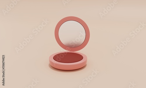 3d render. Cosmetic product icon. Blush with a mirror. 3d illustration