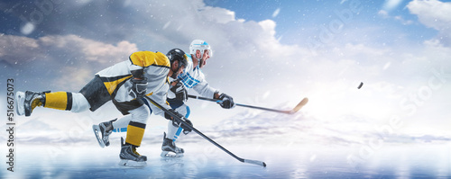 Hockey. Two professional hockey player in action. Fight for the puck on ice. Sports emotions. Side view. Winter sport