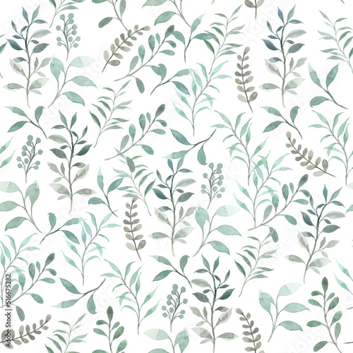 Watercolor green leaves seamless pattern