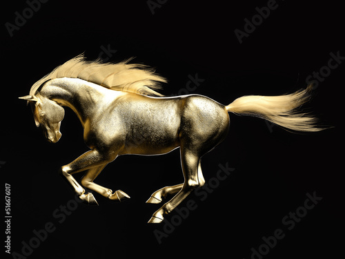 Statue of a running golden horse. 3d illustration.