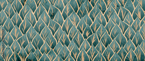Luxury abstract art background with a pattern of leaves in green, blue and gold colors. Botanical banner for decor, print, wallpaper, interior design.