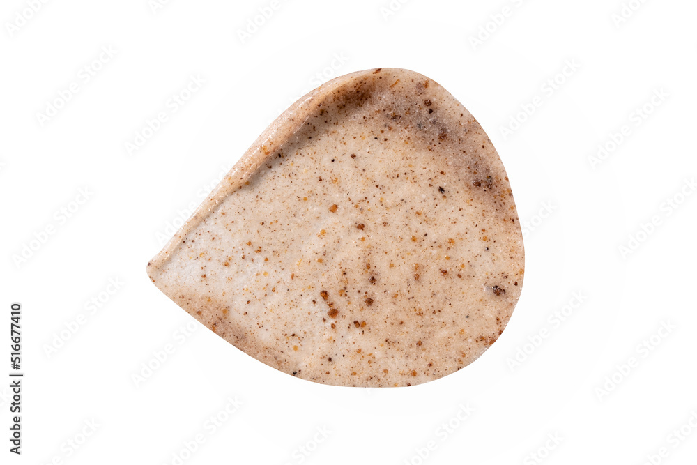 Peeling cream smudge with exfoliating particles. Cosmetic skincare product with abrasive particle sample, gentle nude scrub texture isolate. Scrub smear swatch isolated on white background. Peeling cream smudge with exfoliating particles. Cosmetic skincare product with abrasive particle sample, gentle nude scrub texture isolate. Scrub smear swatch isolated on white background.