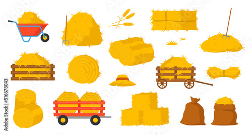 Set of bale of hay icons. Stickers with dry straw, hayloft, roll pile, wooden or metal wheelbarrow and pitchfork. Farming and agriculture. Cartoon flat vector collection isolated on white background photo
