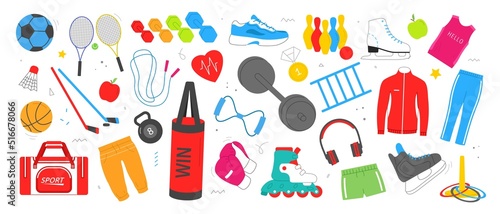 Various Sport equipment set. Stickers with inventory or accessories for fitness or gym workouts. Healthy lifestyle and physical activity. Cartoon flat vector collection isolated on white background