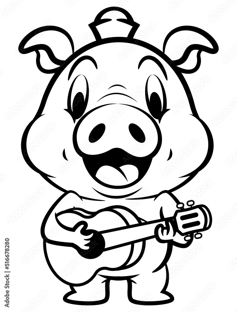 Cartoon illustration of Funny Piglets wearing cap and playing acoustic guitars, best for sticker, mascot, and coloring book for kids