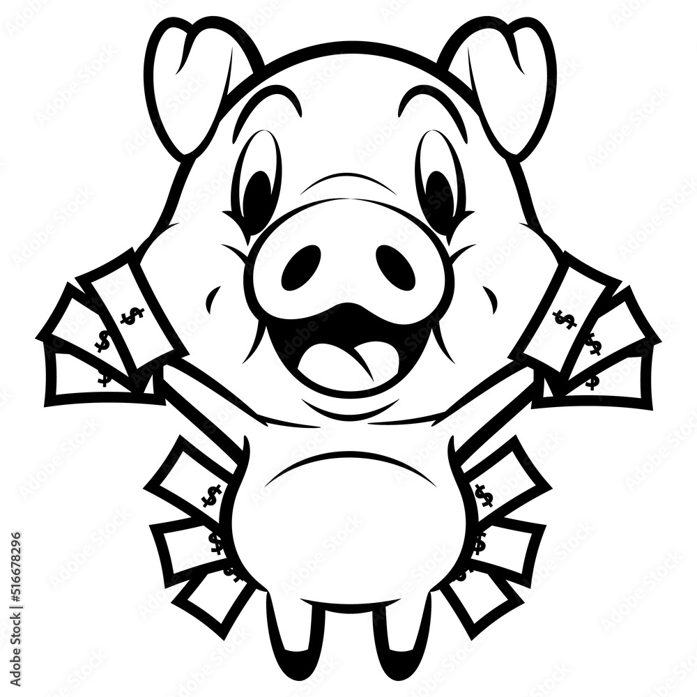 Obraz premium Cartoon illustration of Funny Piglets show money, best for sticker, mascot, and coloring book for kids