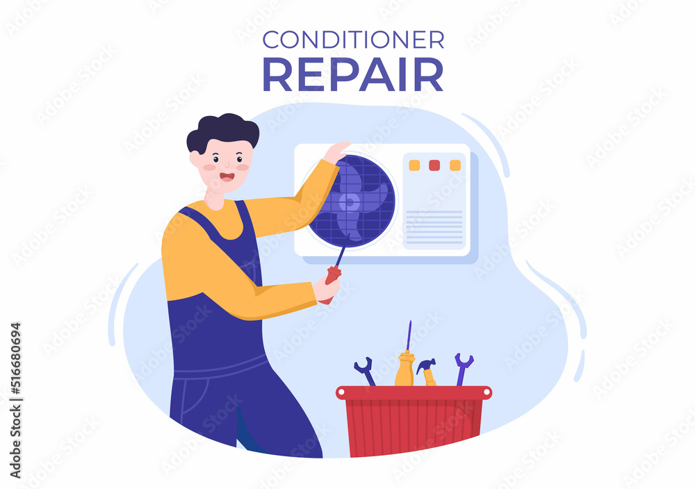 Air Conditioner Repair or Installation Illustration with Unit Breakdown, Maintenance Service, Cooling System in Flat Style Cartoon Concept Air Conditioner Repair or Installation Illustration with Unit Breakdown, Maintenance Service, Cooling System in Flat Style Cartoon Concept